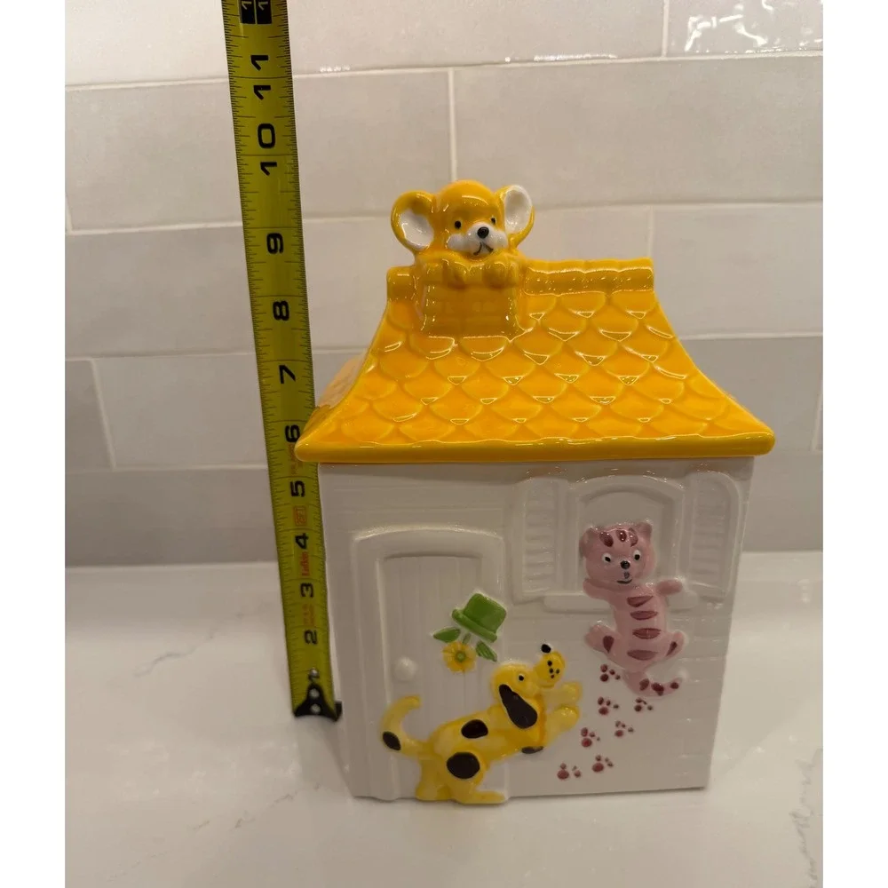 Cookie Jar House Dog Cat Mouse Large White Yellow Ceramic Vintage